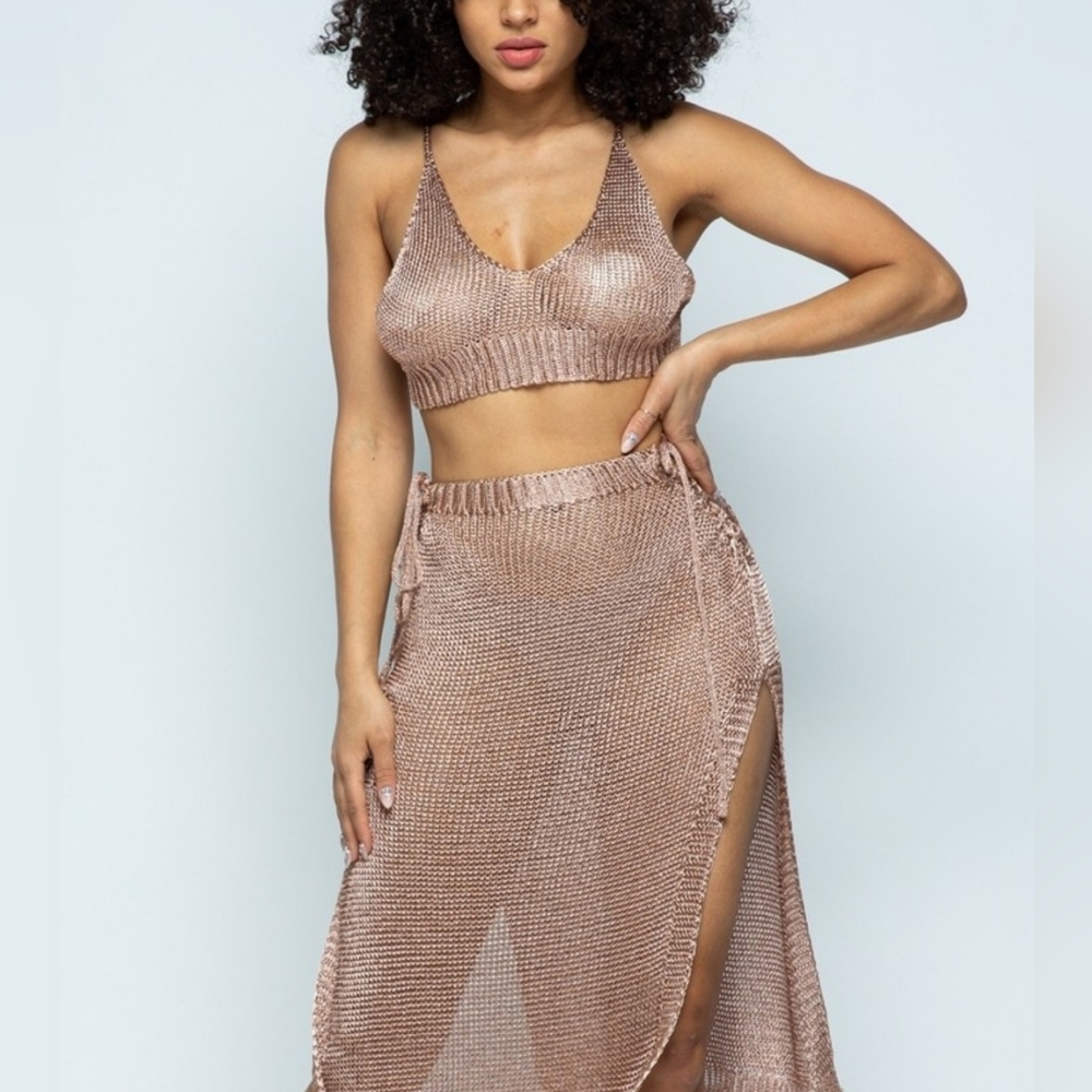 Hera Summerset Rose Gold Metallic Knit Sleeveless Slit Women's